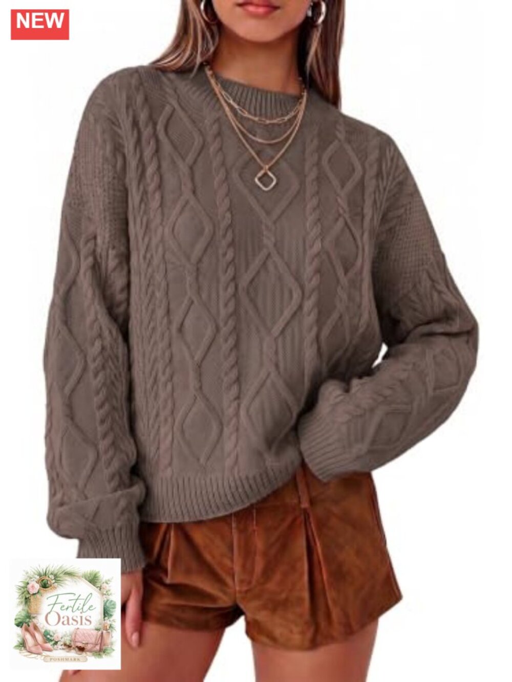 Oversized Cropped Cable Knit 100% Cotton Sweater Women Pullover